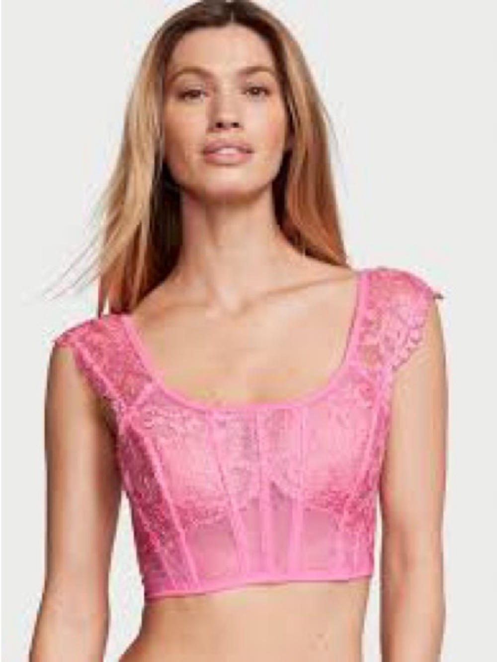 Victoria's Secret Cropped Corset Bustier BRA Top Lace Mesh Pink Fairy Sz S - DD